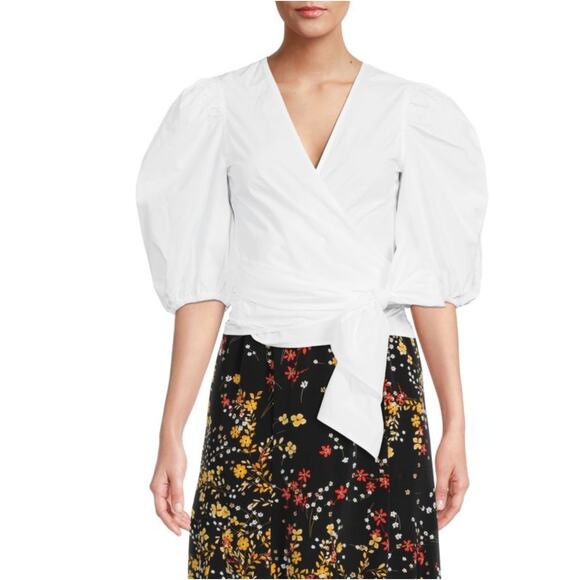 Ganni Puff Sleeve Wrap Top Women Size 40 US 10 Bright White Poplin V-Neck Cotton - Picture 1 of 10